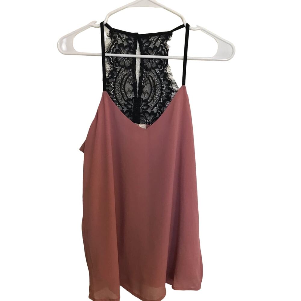 Japna Pink V Neck Lace Back Strappy Chiffon Racerback Tank Top XS
